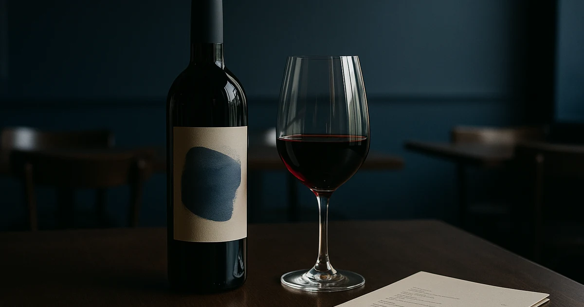 Botella de vino tinto y una copa servida sobre la mesa de un restaurante, junto a una carta de vinos