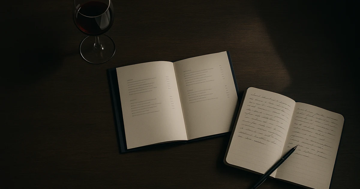 Copa de vino tinto junto a la carta abierta de un restaurante y una libreta con anotaciones, sobre una mesa de madera oscura